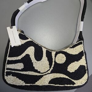 Anthropologie Black and Cream Beaded Shoulder Bag